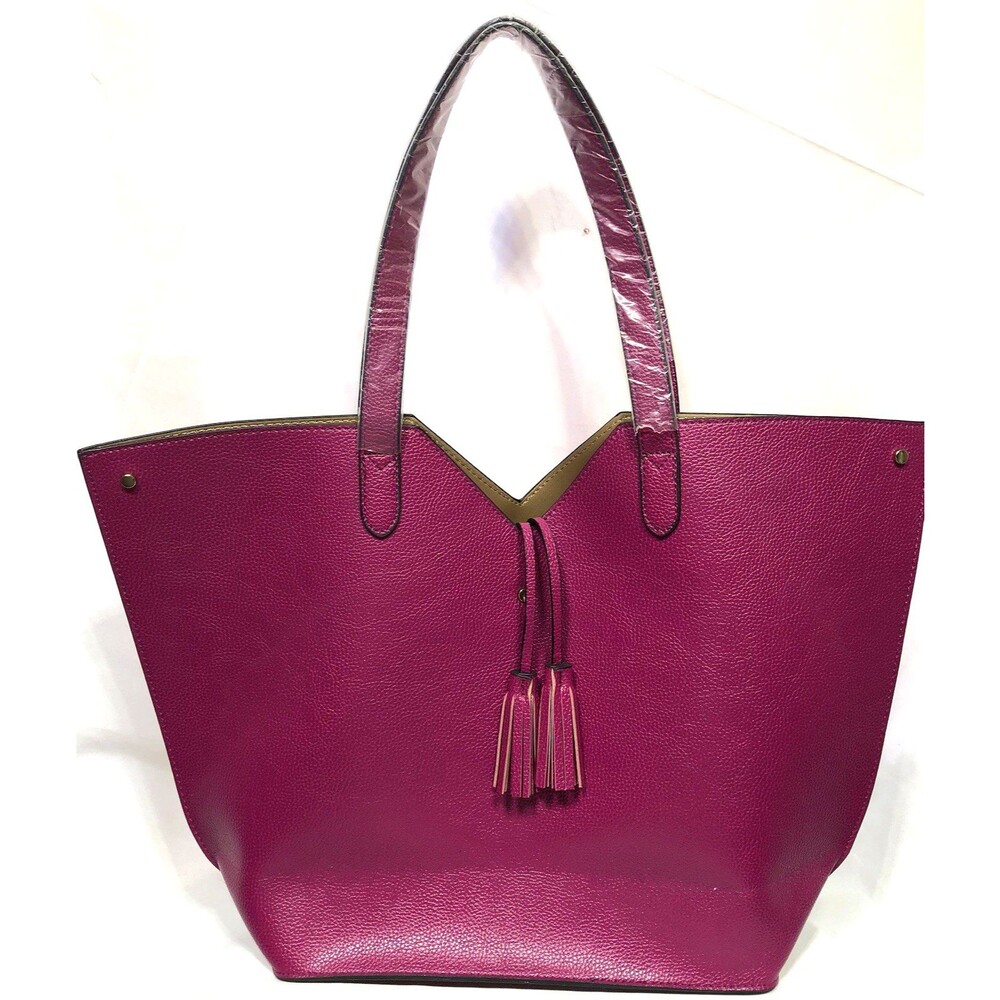 Neiman Marcus Faux Leather Shopper Tote Raspberry Pink Shoulder Bag w/ Tassel
